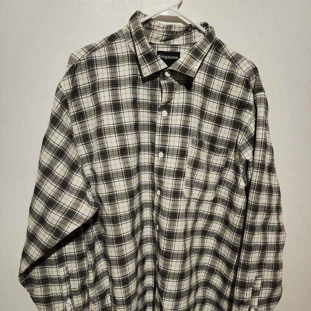 Kingdomo Men’s XXL Black White Brown Plaid Button-Up Long Sleeve Shirt